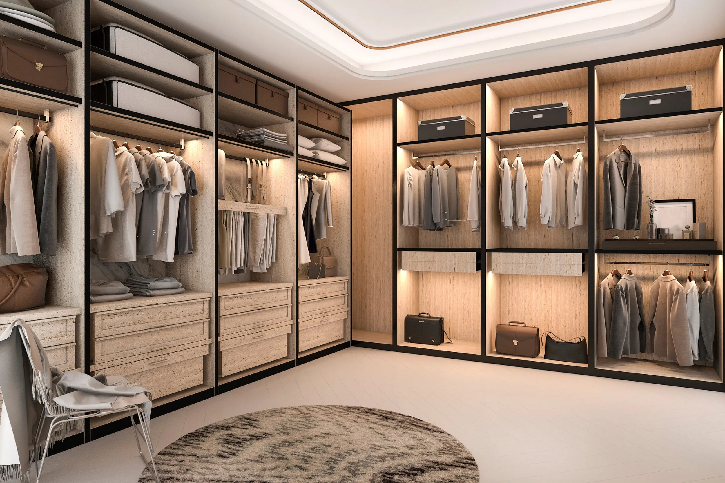 Elegant dressing room with glass doors and premium hardware