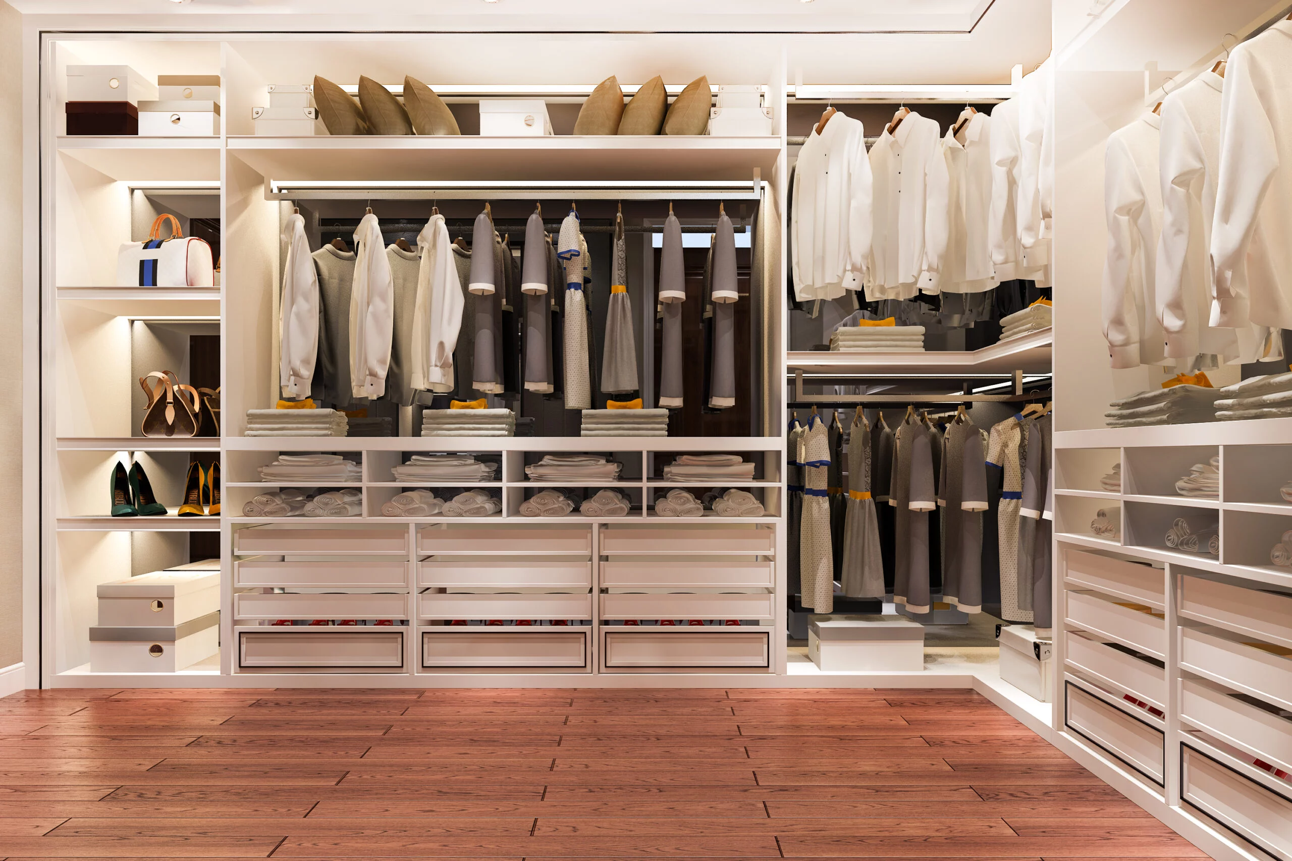 Organized reach-in closet with tailored shelving and finishes